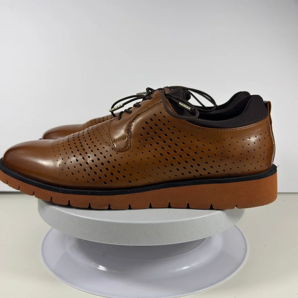 TAYNO Men 10 Cognac Perforated Oxford Vegan Leather Casual Dress Shoes
